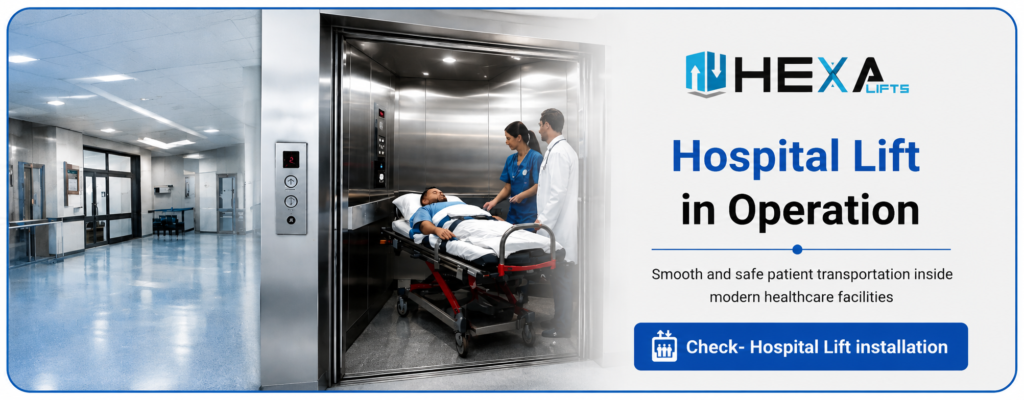 Hospital elevator in operation for safe patient transportation in healthcare facility